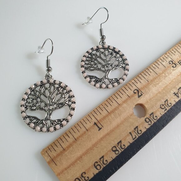 Tree Of Life Dangle Earrings With Pink Beaded Trim & Stainless Steel Hooks - Picture 4 of 6